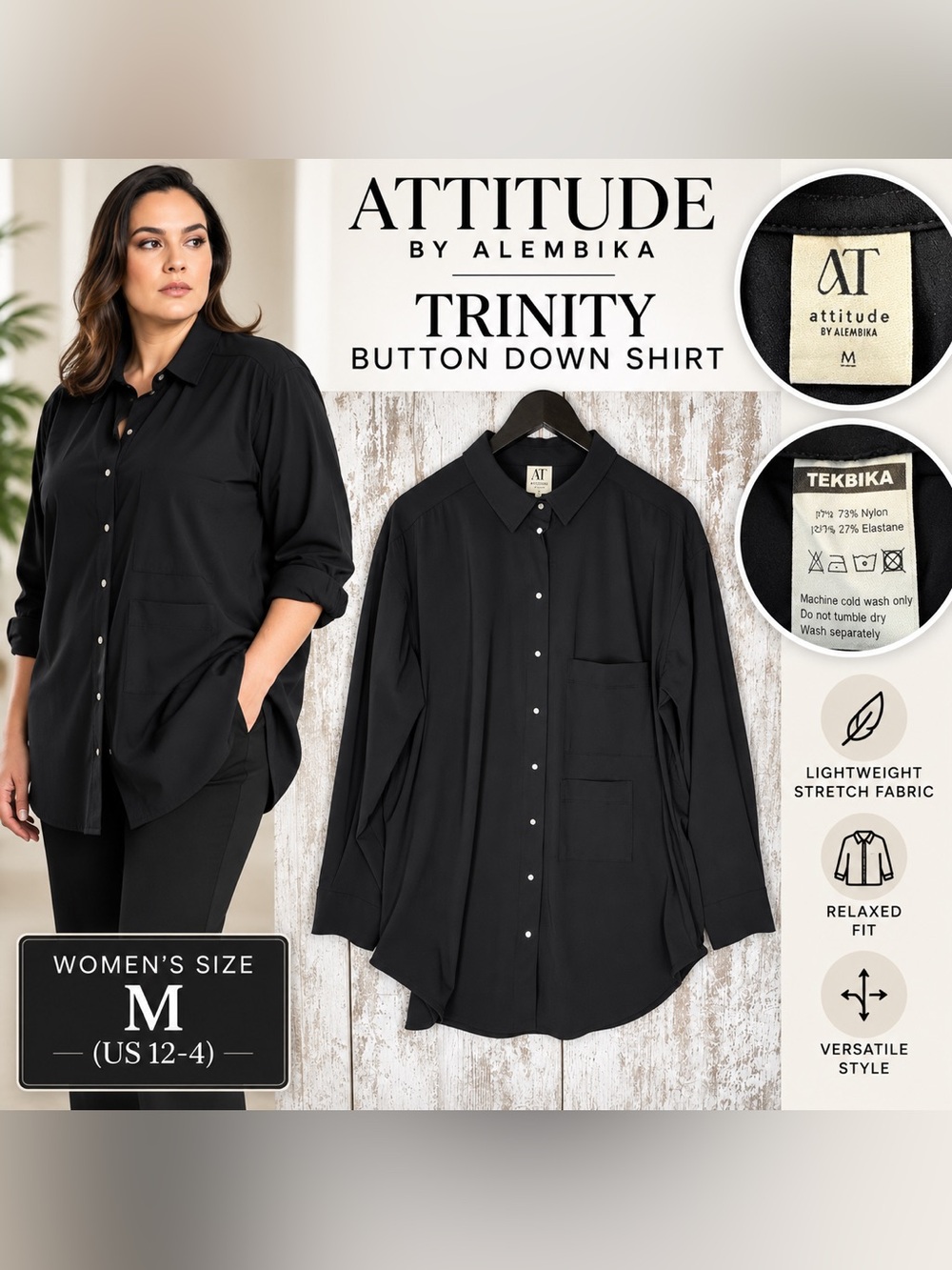 Attitude by Alembika Trinity Button Down Shirt Black Women’s Size M